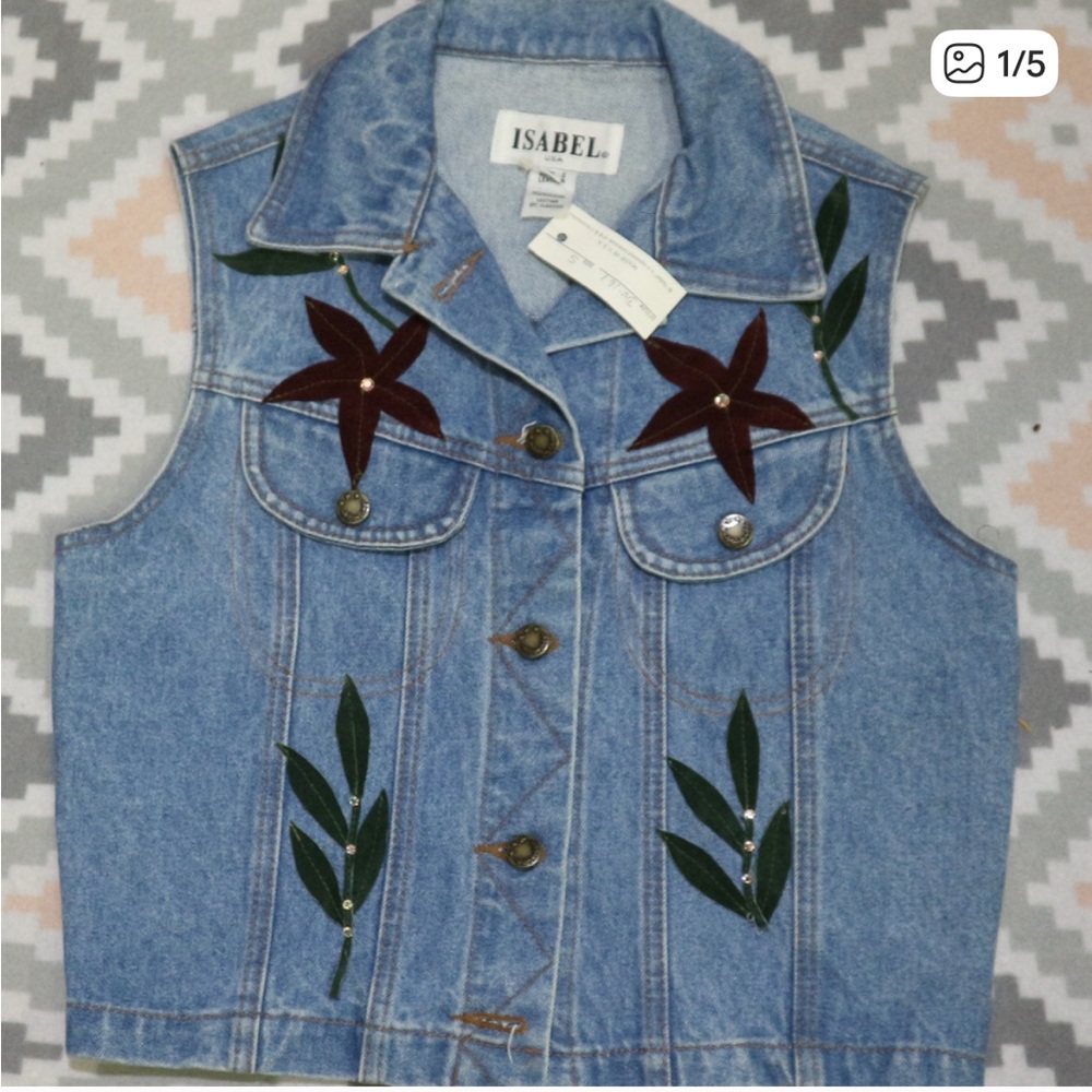 Vintage ISABEL USA Embroidered Denim Vest – Floral & Leaf Appliqué, Size Small